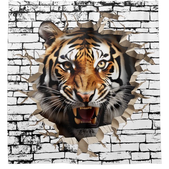3D Tiger Wall Break Art – Realistic Safari Shower Curtain (Front)