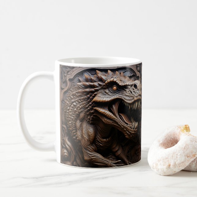 3D Tooled Leather Look Printed Dinosaur TRex Coffee Mug (With Donut)