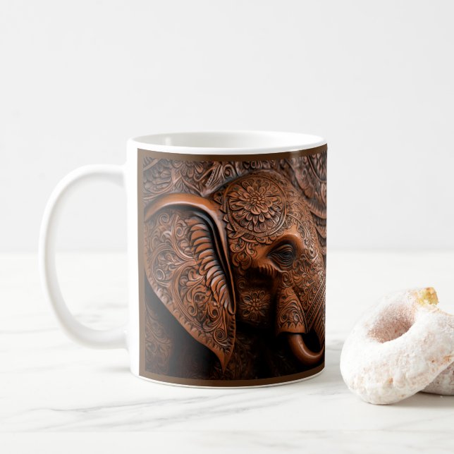 3D Tooled Leather Look Printed Elephant Coffee Mug (With Donut)