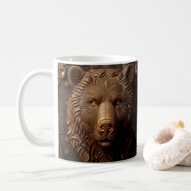 3D Tooled Leather Look Printed Grizzly Bear Coffee Mug (With Donut)
