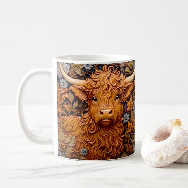 3D Tooled Leather Look Printed Highland Cow Coffee Mug (With Donut)