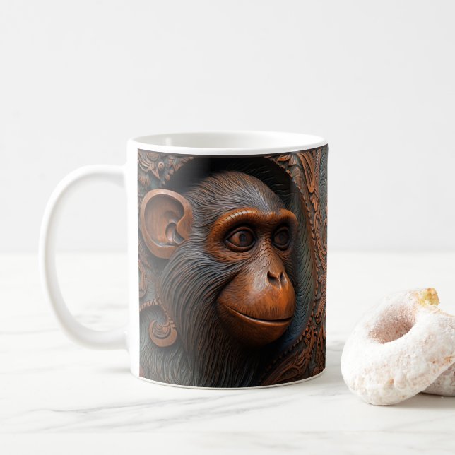 3D Tooled Leather Look Printed Monkey, Ape Chimp Coffee Mug (With Donut)
