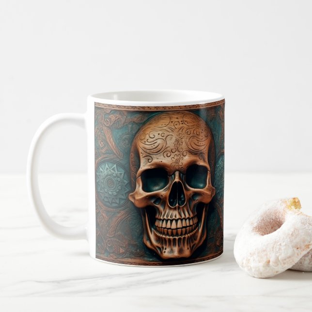 3D Tooled Leather Look Printed Skeleton Skull Coffee Mug (With Donut)