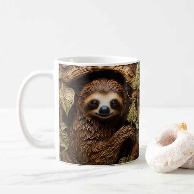 3D Tooled Leather Look Printed Sloth Coffee Mug (With Donut)