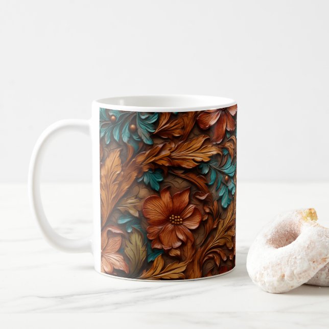 3D Tooled Leather Look Printed Western Flowers Coffee Mug (With Donut)
