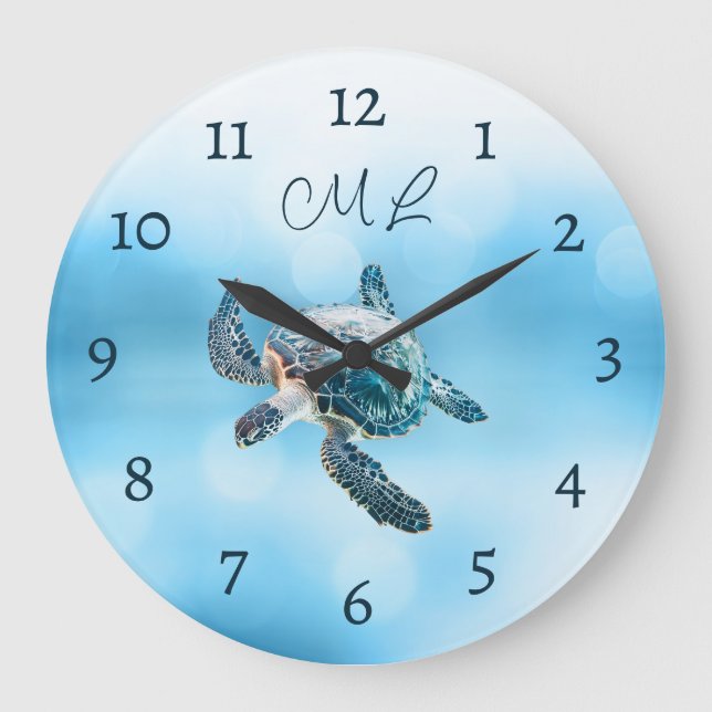 3D Turtle Silver Monogram Large Clock (Front)