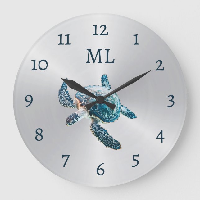 3D Turtle Silver Monogram Large Clock (Front)