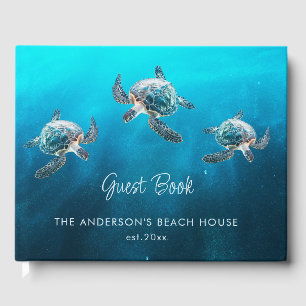 3D Turtle Turquoise Coastal Beach House Guest Book