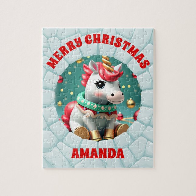 3D Unicorn Christmas Personalised Kids  Jigsaw Puzzle (Vertical)