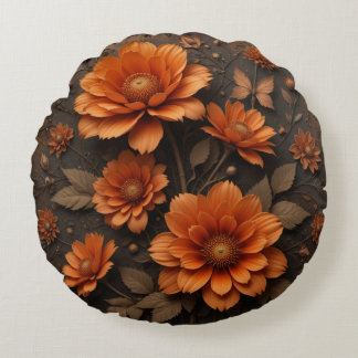 3d victorian burnt orange big flowers round cushion