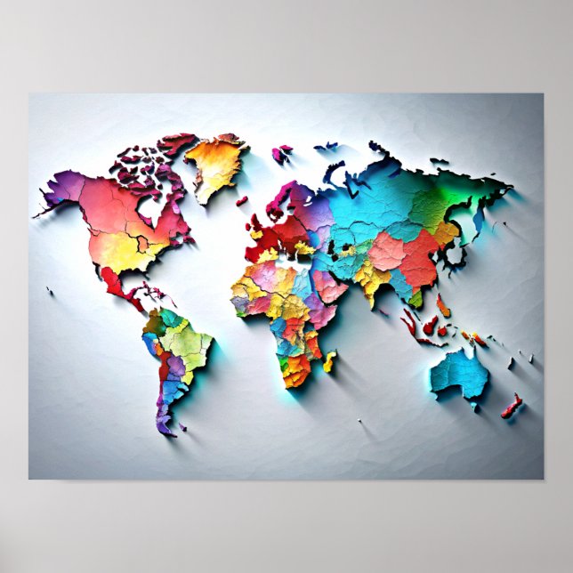 3D Wall Art Water Colour World Map Poster (Front)