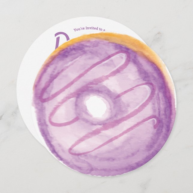 3D Watercolor Purple Doughnut Sprinkle Mix Round Invitation (Front/Back)