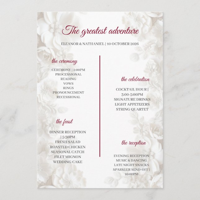 3D White Floral Burgundy Wedding Ceremony Programs (Front)