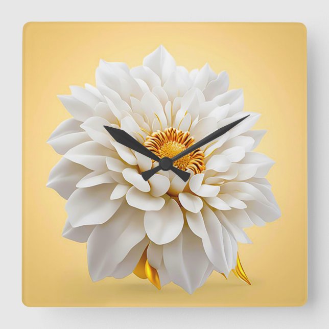 🤍 3D White Flower Elegant Decor Square Wall Clock (Front)