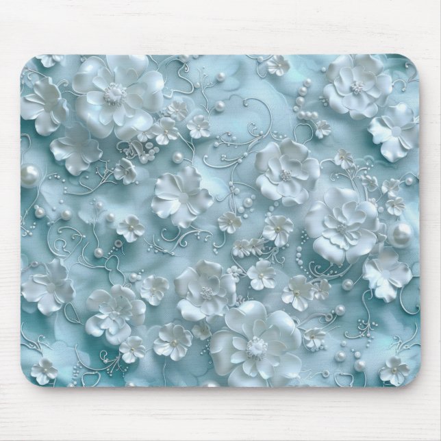 3D White Flowers on Light Blue Background Mouse Pad (Front)