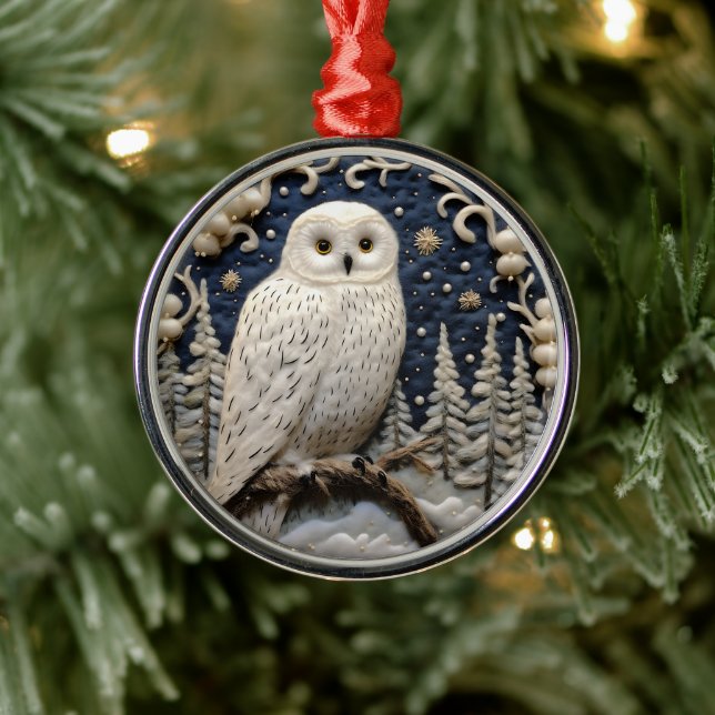 3D White Owl Woodland Animal Chirstmas  Metal Ornament (Tree)