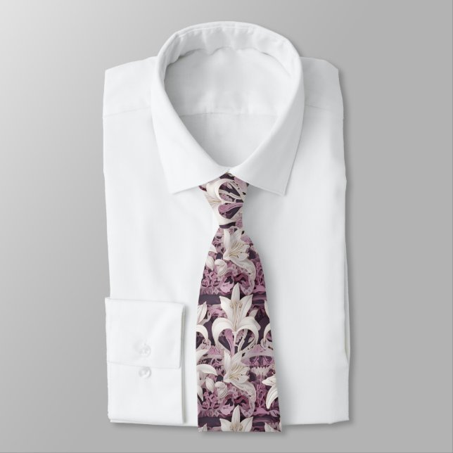 3d white pink purple lilies  tie (Tied)
