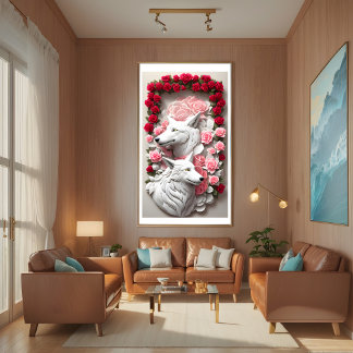 3D wolf poster adorned with red roses