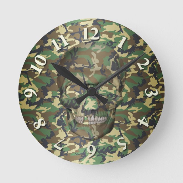 3D Woodland Camo Skull Round Clock (Front)