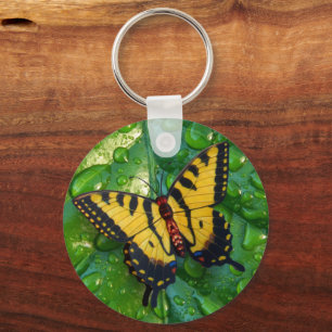 3D Yellow Butterfly on Green leaf Raindrops Key Ring