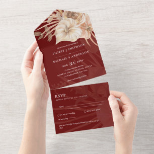 3in1 BOHO Pampas Grass Terracotta Wedding RSVP All In One Invitation