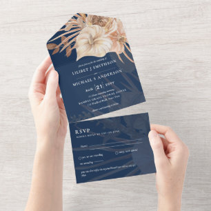 3in1 BOHO Pampas Grass Terracotta Wedding RSVP All In One Invitation