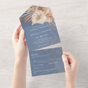 3in1 BOHO Pampas Grass Terracotta Wedding RSVP All In One Invitation