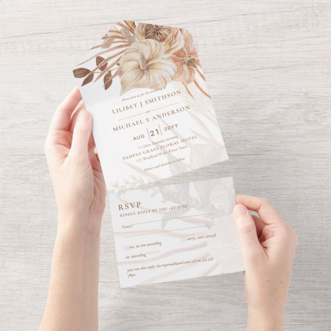 3in1 BOHO Pampas Grass Terracotta Wedding RSVP All In One Invitation (Tearaway)