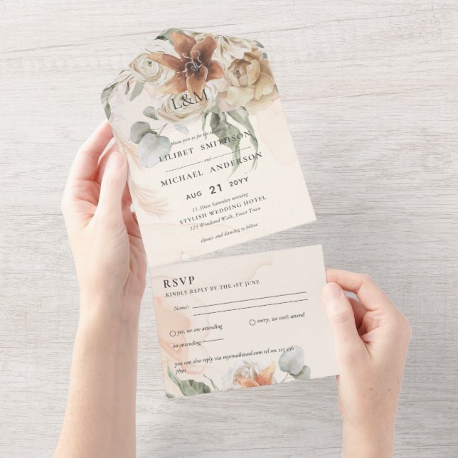 3in1 Boho Pampas Grass Wedding Invite and RSVP (Tearaway)