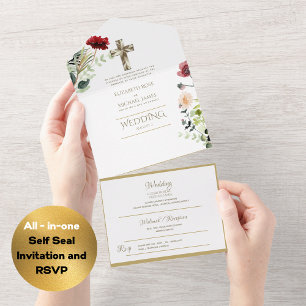 3in1 Catholic Wedding Invites Floral Gold RSVP