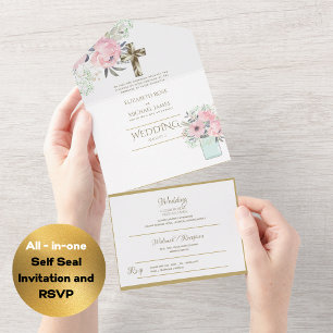 3in1 Catholic Wedding Invites Floral Gold RSVP
