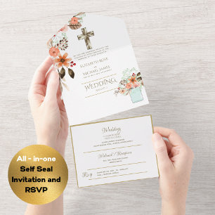 3in1 Catholic Wedding Invites Floral Gold RSVP