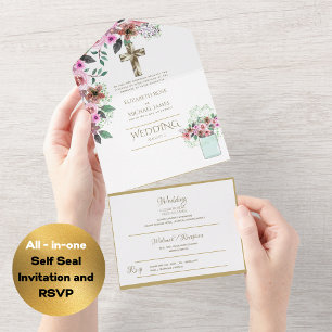 3in1 Catholic Wedding Invites Floral Gold RSVP