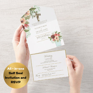 3in1 Catholic Wedding Invites Floral Gold RSVP