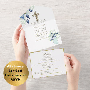3in1 Catholic Wedding Invites Floral Gold RSVP