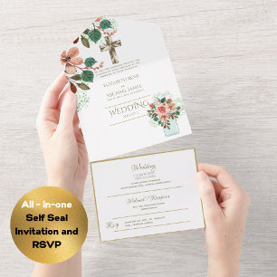3in1 Catholic Wedding Invites Floral Gold RSVP