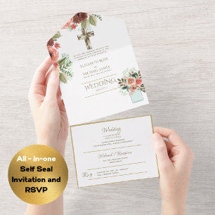 3in1 Catholic Wedding Invites Floral Gold RSVP
