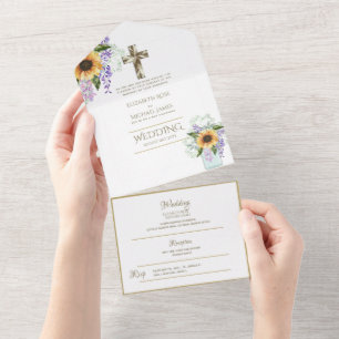 3in1 Catholic Wedding Invites Floral Gold RSVP