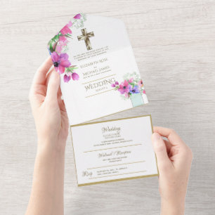 3in1 Catholic Wedding Invites Floral Gold RSVP