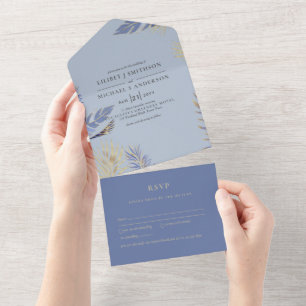 3in1 Dusty Blue Gold Boho Feathers Wedding RSVP All In One Invitation