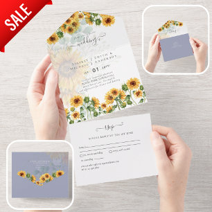  3in1 Dusty Blue SUNFLOWERS Floral Wedding All In One Invitation