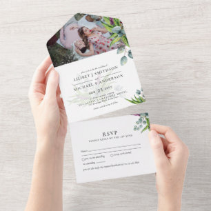 3in1 Eucalyptus Greenery PHOTO Wedding Budget RSVP All In One Invitation
