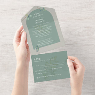 3in1 Greenery Eucalyptus Arch Wedding RSVP All In One Invitation