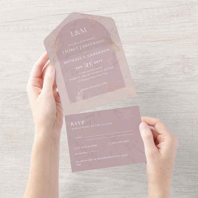 3in1 Minimalist Pampas Grass TYPOGRAPHY Wedding All In One Invitation (Tearaway)