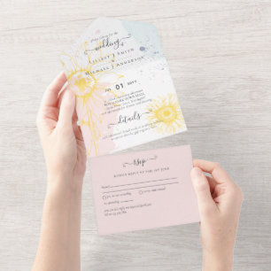 3in1 Modern Sunflower Dusty Pink Blue Wedding RSVP All In One Invitation