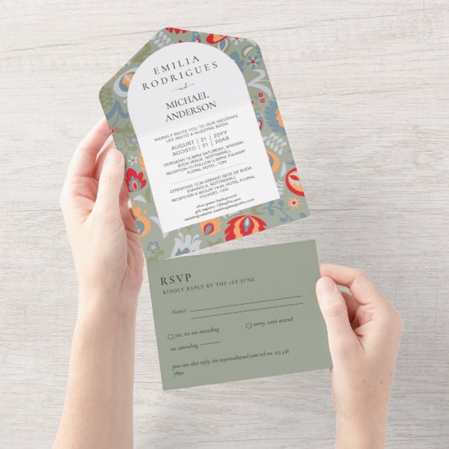 3in1 Olive Green Folk Art Floral BILINGUAL WEDDING All In One Invitation (Tearaway)