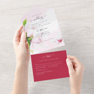 3in1 Pink Magnolia Rose Wedding RSVP All In One In Invitation
