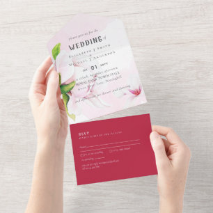 3in1 Pink Magnolia Rose Wedding RSVP All In One Invitation