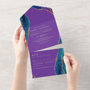 3in1 Purple Blue Gold Gold AGATE Wedding RSVP Al All In One Invitation