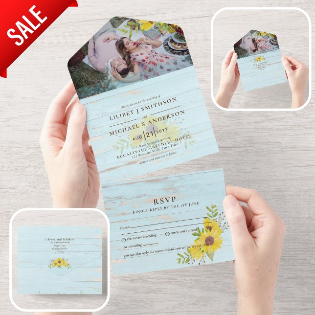 3in1 Rustic Sunflowers Driftwood Aqua Wedding RSVP All In One Invitation (Creator Uploaded)